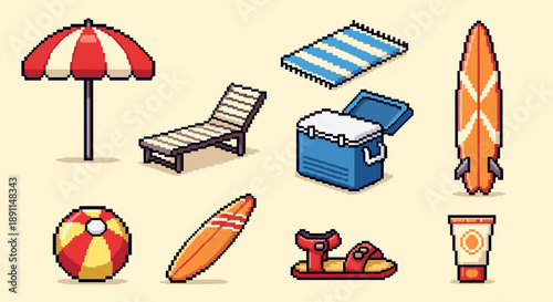 Pixel Art Retro beach essentials in pixel art: umbrella, surfboard, cooler, and more