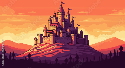 Pixel Art Majestic medieval castle at sunset in pixel art style