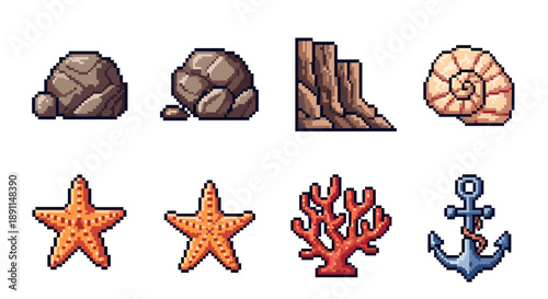 Pixel art marine life and nautical elements