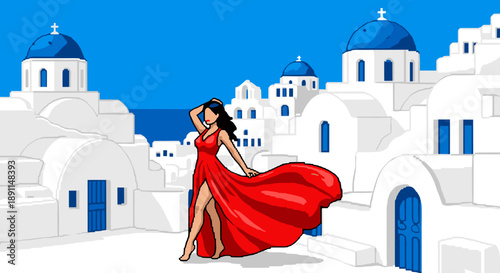 Pixel art woman in red dress with santorini landscape background