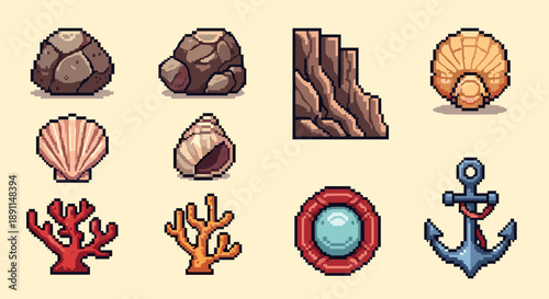 Pixel Art Retro pixel art marine elements with rocks and nautical icons