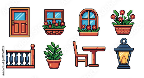 Pixel Art Charming pixel art garden elements including flowers, furniture, and decorative items