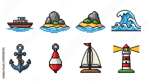 Pixel art nautical icons featuring boats, islands, waves, and lighthouse
