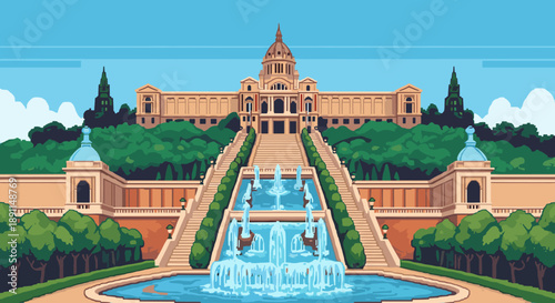 Pixel art architectural landmark with grand staircase and cascading fountains