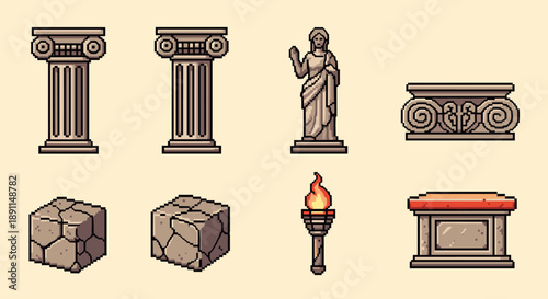 Pixel art ancient greek icons: columns, statues, and architectural elements