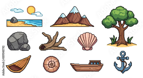 Pixel art nature elements collection: beach, mountains, and nautical items