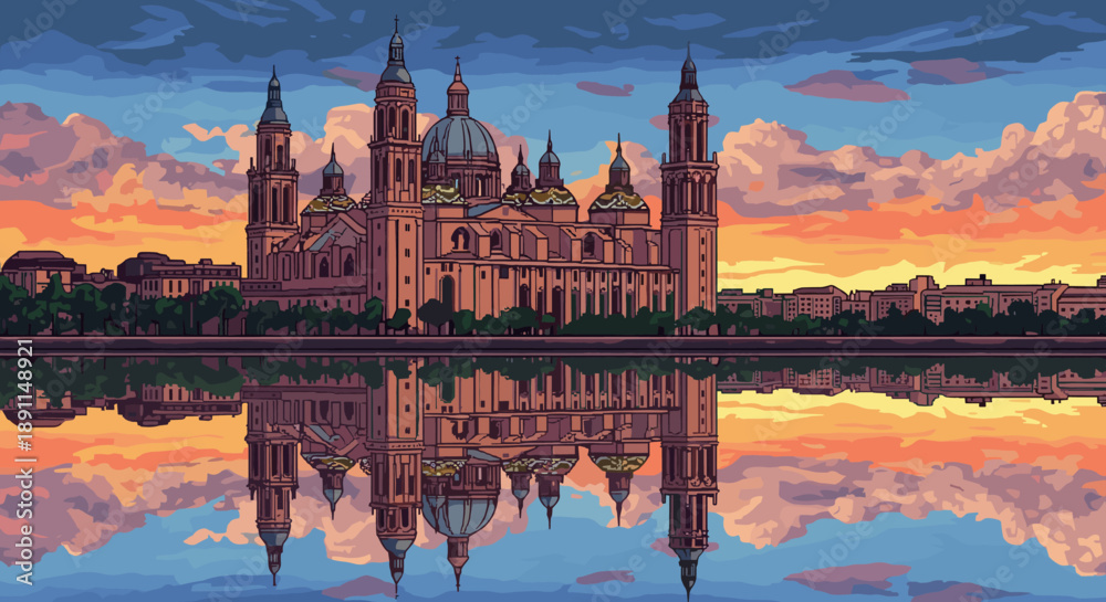 Obraz premium Pixel Art Majestic cathedral reflection at sunset in stunning pixel art style