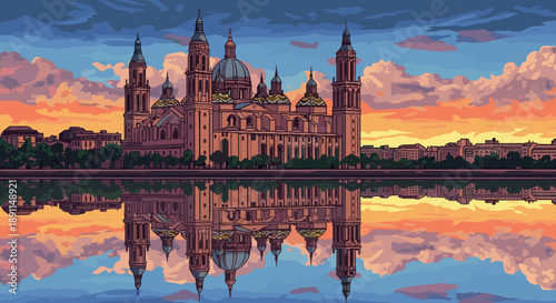 Pixel Art Majestic cathedral reflection at sunset in stunning pixel art style