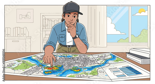 An urban planner studies a detailed city map, analyzing highlighted data points for strategic urban development, environmental assessment, and resource management