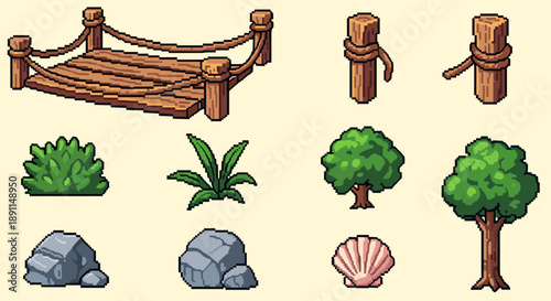 Pixel art nature elements: trees, rocks, and wooden bridge set