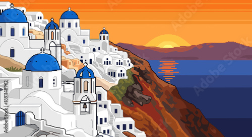 Pixel art sunset in santorini with iconic white buildings and blue domes