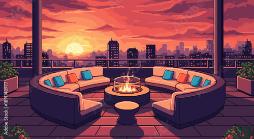 Pixel art rooftop lounge at sunset with cityscape and cozy fire pit