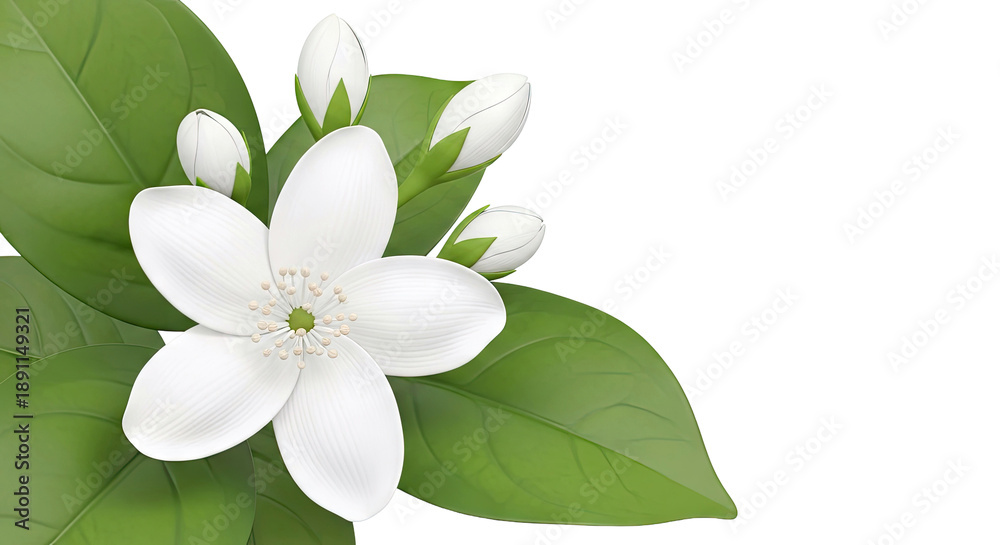 Obraz premium White Jasmine Flower with Buds and Leaves