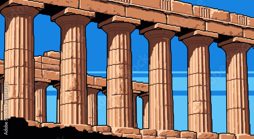 Pixel art ancient greek temple with classic stone columns against blue sky
