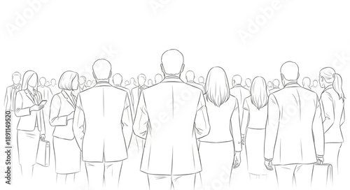 Group of people seen from behind in a sketch style.
