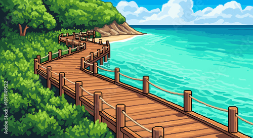 Pixel Art Scenic pixel art beach pathway with wooden boardwalk and ocean view
