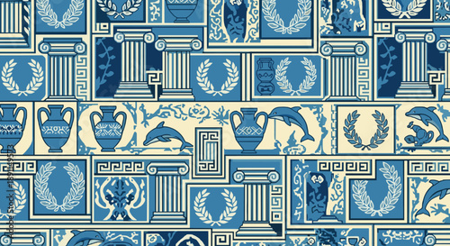 Pixel Art Seamless greek pattern with columns and vases in blue tones