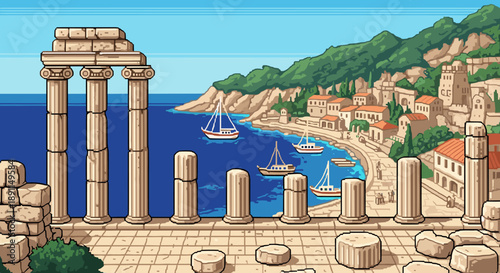 Pixel art coastal ruins with sailboats and mediterranean village