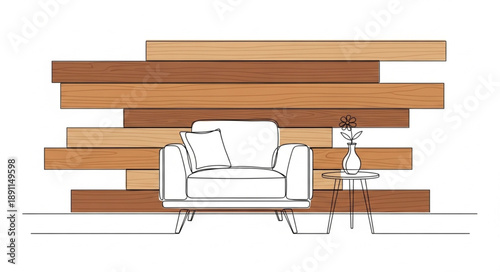 Modern Living Room Sofa Against Wood Plank Wall.
