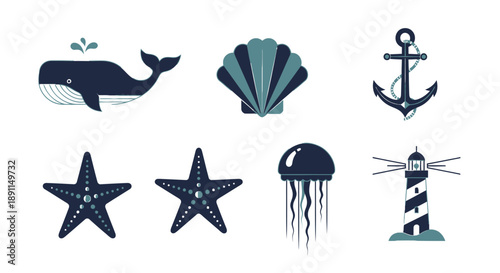 Nautical icons whale shell anchor starfish jellyfish and lighthouse