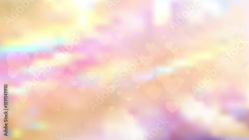 4K Warm Rainbow Holographic Hearts Loop, Seamless Bokeh Animation Flying Forward, Tender Spring Aesthetic Background for Social Media and Displays.