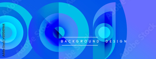 Abstract blue circles create dynamic background. Gradient shades offer modern visual appeal, suitable for banners or headers.