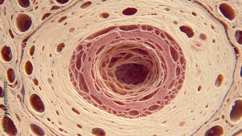 Microscopic view of compact bone tissue, focusing on a single osteon (Haversian system), showing concentric lamellae rings around a central canal and tiny branching canaliculi, high-contrast scientifi