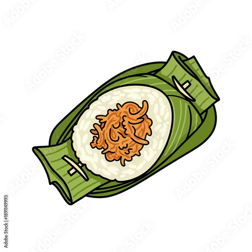 Minimalist vector art Savory rice snack wrapped in banana leaf. Perfect for culinary video production, food blogs, and cultural content showcasing traditional cuisine