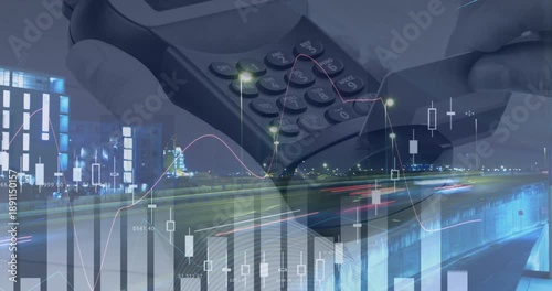 Animation of financial data over hand of man with payment terminal and timelapse of traffic