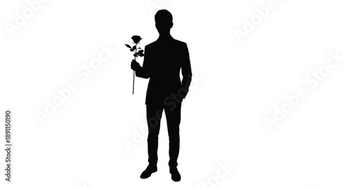 A man holding a rose in a striking black silhouette