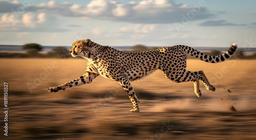 Majestic spotted cheetah sprints across the dry savanna landscape at incredible high speed during golden hour light