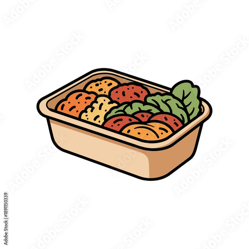 Minimalist vector illustration of a takeaway food container filled with colorful ingredients perfect for a food vlog or recipe video
