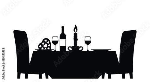 Romantic dinner setting with wine and candlelight a black silhouette