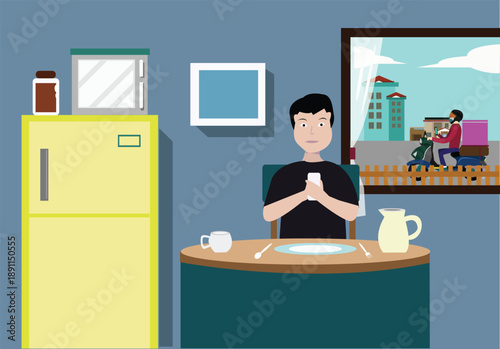 A man uses technology to communicate with a food delivery service on a motorbike. Editable Clip Art.