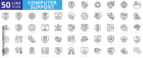computer support icon pack outline contains technician, software, hardware, troubleshoot, network, helpdesk, repair, upgrade, installation, maintenance, recovery, backup, security, setup, antivirus