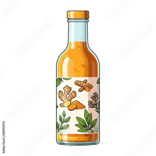 Vector illustration of a bottle filled with a golden turmeric-infused beverage, adorned with botanical elements of ginger and herbs