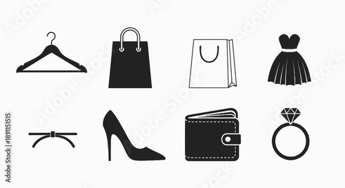 Fashion icons silhouettes of clothing accessories and shopping items