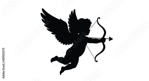 A black silhouette of cupid with a bow and arrow flying silhouette