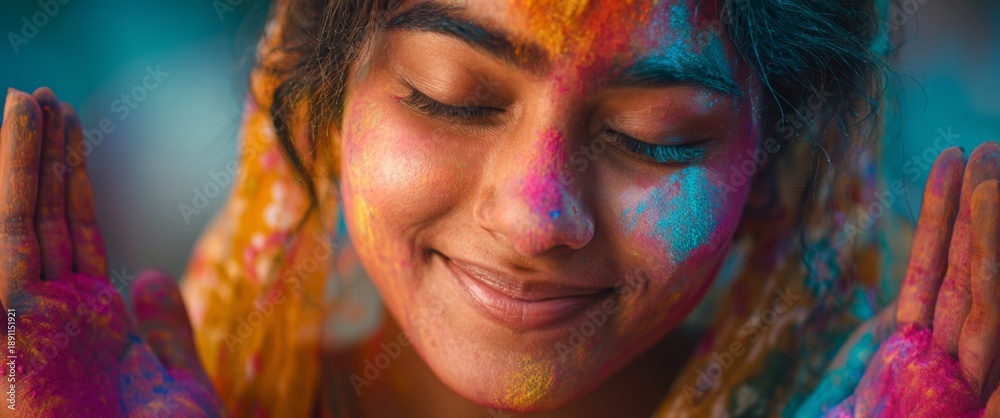Obraz premium Young indian woman celebrating Holi with colorful powder on her face 