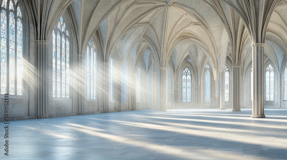 Obraz premium Majestic Hall: The interior of a grand, cathedral-like hall, bathed in the soft glow of sunlight streaming through tall, arched windows, creating a serene and awe-inspiring atmosphere.
