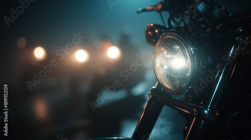 A motorcycle headlight is lit up in the dark