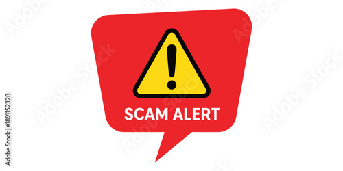 Scam alert icon with exclamation mark in a speech bubble isolated on white background