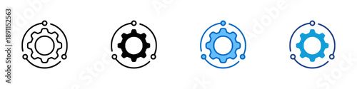 Four gear or cogwheel icons with surrounding digital circuit lines in outline, solid black, light blue, and dark blue variations