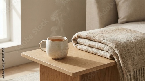 Cozy scene with steaming cup of tea on wooden table with blanket  