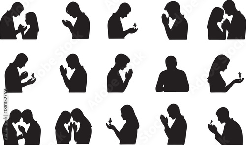 Silhouettes of people using smartphones in various social interactions