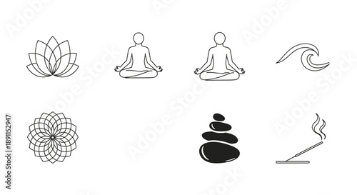 Yoga and meditation icons lotus waves balancing stones and incense