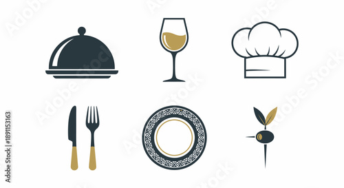 Restaurant icons set featuring plate glass hat cutlery and olive