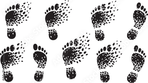 Footprints trail of human feet in black and white