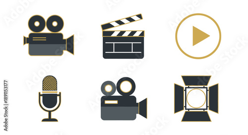 Film and media production icons on white background illustration for design
