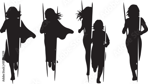 Silhouettes of women in various poses and dresses walking